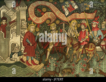Jeanne d'Arc arrive au Château de Chinon pour rencontrer Charles VII de France à le convaincre de la laisser mener une armée dans la bataille contre les Anglais - 6 mars 1428. Jeanne d'Arc - femme française contre l'armée anglaise, patriote au bûcher pour sorcellerie. 6 janvier 1412 - 30 mai 1431. Banque D'Images