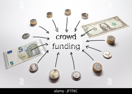 Crowdfunding avec de l'argent américain et européen, euro, dollar, livre sterling, francs et couronnes en pièces et billets en euros Banque D'Images