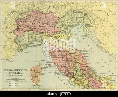 Carte de l'Italie et la Corse supérieure - Roman du nord de l'Italie et la Corse, montrant les routes militaires et l'itinéraire de voyage de Hannibal traversant les Alpes ( 3ème siècle avant J.-C. ). Dessiné par Keith Johnston F.R.S.E. Publié dans l'Atlas classique inégalé par W. et A.K. Johnston en 1877. Banque D'Images