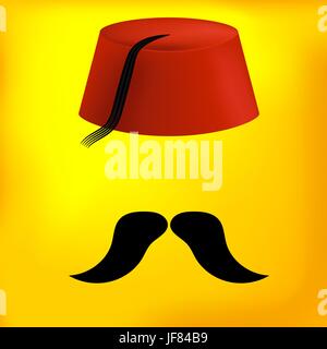 Red Hat turc avec des moustaches noires sur fond jaune Illustration de Vecteur