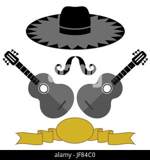 Guitares mexicain Hat Moustache sur fond blanc Illustration de Vecteur