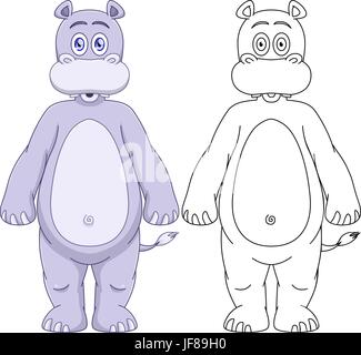 Cute Humanoid Hippo avec Lineart Illustration de Vecteur