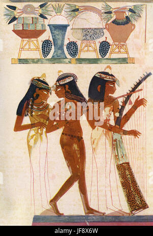 Musiciens jouant de la harpe à partir de la tombe de Nakht (officielle) de l'Égypte ancienne. Fille jouant la harpe avec grand bruit fort, joueur de luth et de flûte aulos double ou double DVD. Note sur des pots de fleurs de lotus avec mat reed à travers eux. ( Tombe thébaine TT52 située à Cheikh Abd el-Gournah, dans la nécropole thébaine, sur la rive ouest du Nil, face à Louxor) Banque D'Images