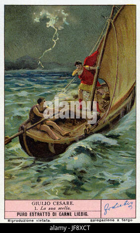 Gaius Julius Caesar (13 juillet 100 avant J.-C. - 15 mars 44 av. J.-C.). La guerre civile de César / La guerre contre Pompée. César traversant la mer Adriatique par une tempête à Brundusium, épisode comme rapporté par Plutarque : "Ne crains rien : vous portez César et sa fortune dans votre bateau". Carte de collection Liebig, 1938 Banque D'Images