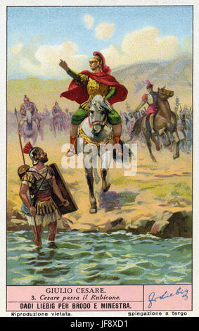 La traversée du Rubicon, César 49 BC. Jules César (13 juillet 100 avant J.-C. - 15 mars 44 av. J.-C.). Carte de collection Liebig, 1938 Banque D'Images