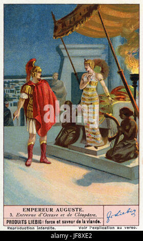 Octavian et Cléopâtre. L'empereur Auguste (63 BC - AD 14 / Gaius Octavius / Octavian, rebaptisé Auguste en 27 avant J.-C.). Carte de collection Liebig, 1939 Banque D'Images