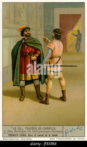 Don Rodrigo défis le Comte de Gormas en duel (Acte 2 SCÈNE 2). Le Cid / El Cid, jouer par Pierre Corneille. Carte de collection Liebig 1936 Banque D'Images