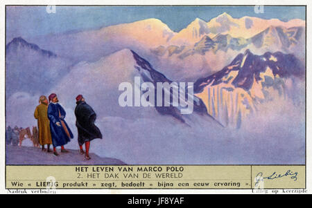 Marco Polo (1254 - 8 janvier 1324), l'explorateur vénitien dans le Pamir, le "toit du monde". Carte de collection Liebig, 1941 Banque D'Images