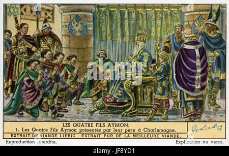 Les quatre fils d'Aymon / Renaud de Montauban. Les quatre fils sont présentés à l'empereur Charlemagne. Carte de collection Liebig, 1943 Banque D'Images