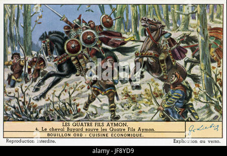 Les quatre fils d'Aymon / Renaud de Montauban. Le cheval enchanté Bayard enregistre les quatre fils. Carte de collection Liebig, 1943 Banque D'Images