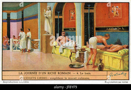 Une journée dans la vie d'un riche romain. Bains romains. Carte de collection Liebig, 1948 Banque D'Images