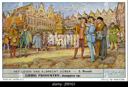 Vie d'Albrecht Durer (21 mai 1471 - 6 avril 1528). Voyage à Bruxelles à la demande de Christian II de Danemark à peindre un portrait du roi. Carte de collection Liebig, 1948 Banque D'Images