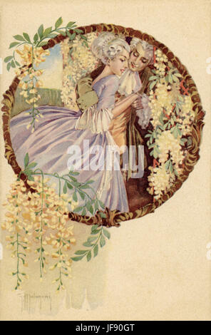 Couple classique du xviiie siècle. Homme portant perruque femme embrasse aussi portant perruque blanche. Entourée de fleurs. Illustration par Giacomo Malugani 1876 - 1942 Banque D'Images