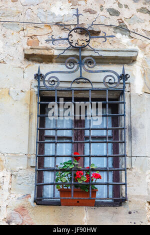 Façade de maison avec fenêtre et jardinière. Banque D'Images