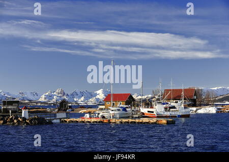 Yachts et bateaux de pêche amarrés et échouée sur le Maurnes Bathavna de pier marina-rive est du Lilandsgrunnen-Sortlandsundet Nordre. Sortland Kommun Banque D'Images