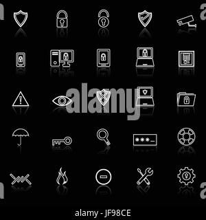 Icônes de ligne de sécurité avec réfléchir sur fond noir Illustration de Vecteur