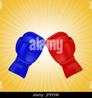 Gants de boxe rouge et bleu isolé sur fond d'onde jaune Illustration de Vecteur