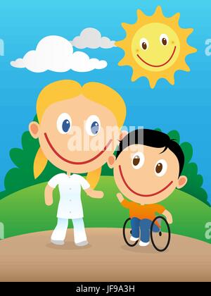 Professionnels d'un physiothérapeute et de l'enfant en fauteuil roulant Illustration de Vecteur