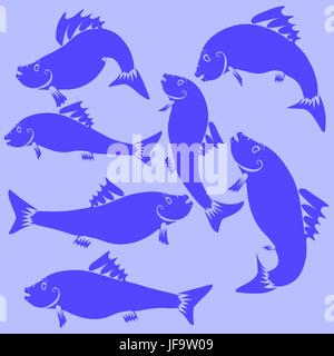 Silhouettes bleu poisson isolé sur fond bleu Illustration de Vecteur