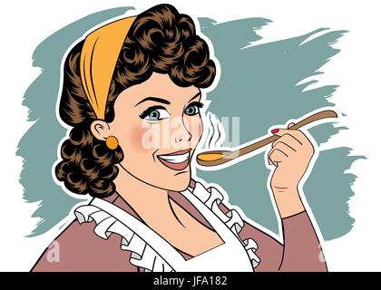 Pop art retro femme tablier avec sa nourriture dégustation Illustration de Vecteur