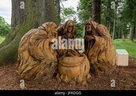 Glamis, UK. 30 juin 2017. Château de Glamis lance Macbeth trail. Sculpture en bois des trois sorcières de Acte 1 SCÈNE 1 de Macbeth faites par Neith Art & Sculpture. Anne Johnston/Alamy Live News Banque D'Images