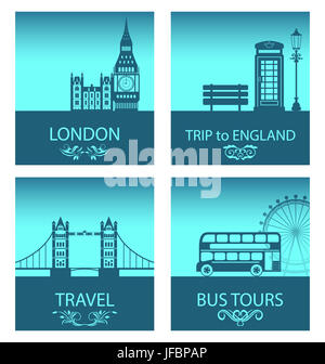 Illustration Résumé des cartes postales pour le trajet de l'Angleterre avec l'arrière-plan de la silhouette Abstract toits de Londres et de symboles de Londres - Banque D'Images