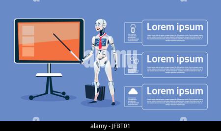 Robot moderne menant présentation sur écran numérique Intelligence Artificielle Concept technologie futuriste Illustration de Vecteur