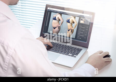 Retouche de l'éditeur une image d'une femme en bikini pour le marketing ou la publicité. Relooking lourd avec logiciel d'édition photo de chubby à maigre. Banque D'Images