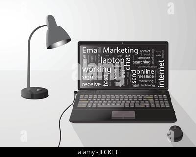 Email marketing. concept. Illustration vecteur de votre conception du texte. Ordinateur portable sur la table avec une lampe de table et une souris d'ordinateur Illustration de Vecteur