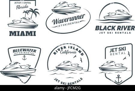 Ensemble de location de jet ski, insignes et emblèmes logo isolé sur fond blanc. Transport d'embarcations logo. Illustration de Vecteur