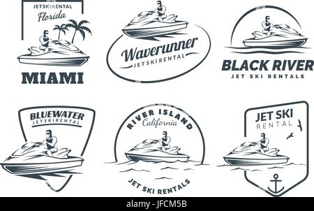 Ensemble de location de jet ski, insignes et emblèmes logo isolé sur fond blanc. Transport d'embarcations logo. Illustration de Vecteur