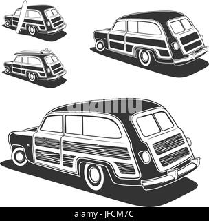 Voiture rétro surf woodie wagon isolé sur fond blanc. Vector illustration. Illustration de Vecteur