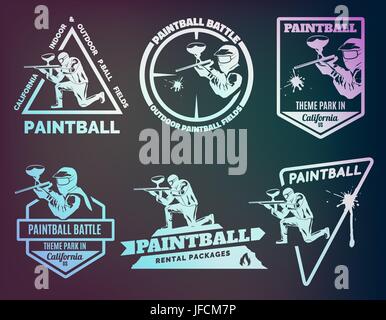 Jeu de paintball monochrome les logos, emblèmes et des icônes. Club de paintball intérieur et extérieur des éléments. Homme avec arme et le musc. Location d'équipement de Paintball. Illustration de Vecteur