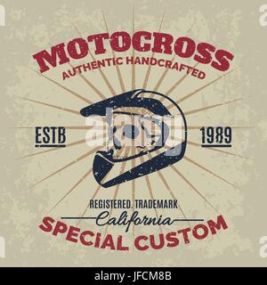 Casque de motocross vintage avec tête d'impression avec grunge texture. Vector old school race poster. Impression sur T-shirt design. Illustration de Vecteur