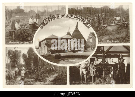 Souvenir Multi-vues Carte postale représentant Kentish hop picking, l'Oast House, la mesure de l'houblon, séchage et pressage. Certaines de ces images sont peut-être plus tôt dans les années 20, publié à partir de Kent, Août 1932 Banque D'Images