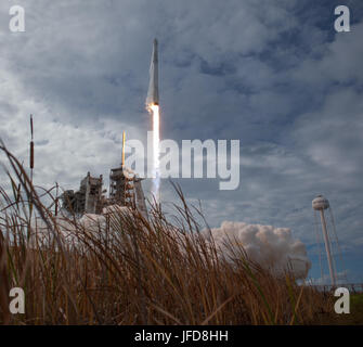 Une fusée SpaceX Falcon 9 décolle de la zone 39A à Cape Canaveral transportant un vaisseau spatial Dragon avec près de 6 000 livres de recherche scientifique, fournitures d'équipage, matériel, panneaux solaires, outils d'observation de la Terre, et de l'équipement d'étude des étoiles à neutrons à l'appui des expéditions 52 et 53. Banque D'Images