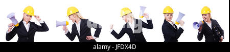 Female construction worker avec haut-parleur Banque D'Images