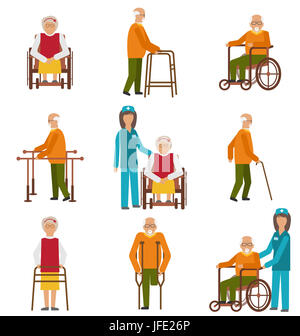 Illustration divers degrés de blessures et d'incapacités. Les femmes âgées et les hommes avec un bâton, échasses, dans un fauteuil roulant. Les icônes colorées isolé sur blanc Banque D'Images