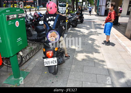 Super mignon caniche marron collant sa tête d'un sac à dos alors que sur un scooter à proximité d'une boîte aux lettres, Taipei, Taiwan. 94F d'aujourd'hui. Banque D'Images