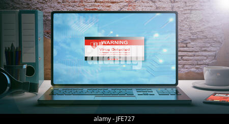 Concept de sécurité cybernétique. Virus détecté message sur un écran d'ordinateur portable. 3d illustration Banque D'Images