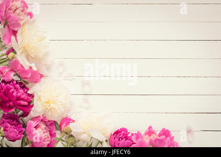 Pivoines sur planches en bois blanc avec fond copie espace, vue du dessus. Grand usage comme des maquettes pour les produits, projets, design féminin invitation mariage / Banque D'Images