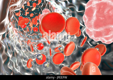 Les nanoparticules dans le sang. Image conceptuelle démontrant un potentiel d'application des nanotechnologies pour le diagnostic et le traitement des maladies. Banque D'Images