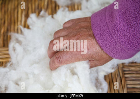 Araucania Temuco, Chili, mapuches, commerce équitable,, les textiles, la laine des moutons et l'envelopper de spin Banque D'Images