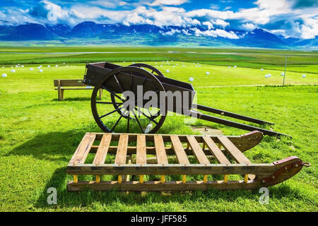 Vieux traîneau en bois sur la pelouse Banque D'Images