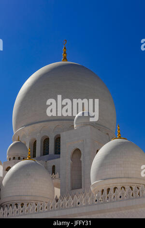 Abu Dhabi, UAE - Le centre des dômes de marbre sur la célèbre Grande Mosquée de Sheikh Zayed à Abu Dhabi aux Emirats Arabes Unis. Banque D'Images