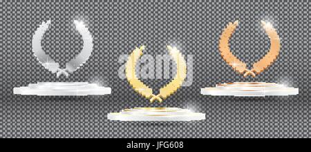 Or Argent Bronze couronne de laurier sur la plate-forme sur fond transparent. Vector Illustration. Illustration de Vecteur