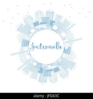 Jacksonville contour bleu horizon avec les bâtiments et l'espace de copie. Vector Illustration. Les voyages d'affaires et tourisme Concept avec l'architecture moderne. Illustration de Vecteur