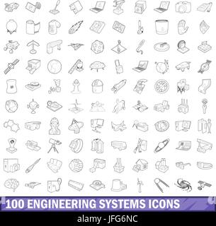 100 systèmes d'ingénierie icons set style du contour, Illustration de Vecteur