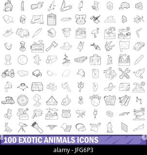 100 animaux exotiques icons set style du contour, Illustration de Vecteur