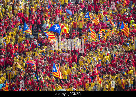 L'Espagne, la Catalogne, la ville de Barcelone, Espagne, la Plaça d'Espanya, Célébration 2014, les droits de l'Diada drapeau catalan Banque D'Images